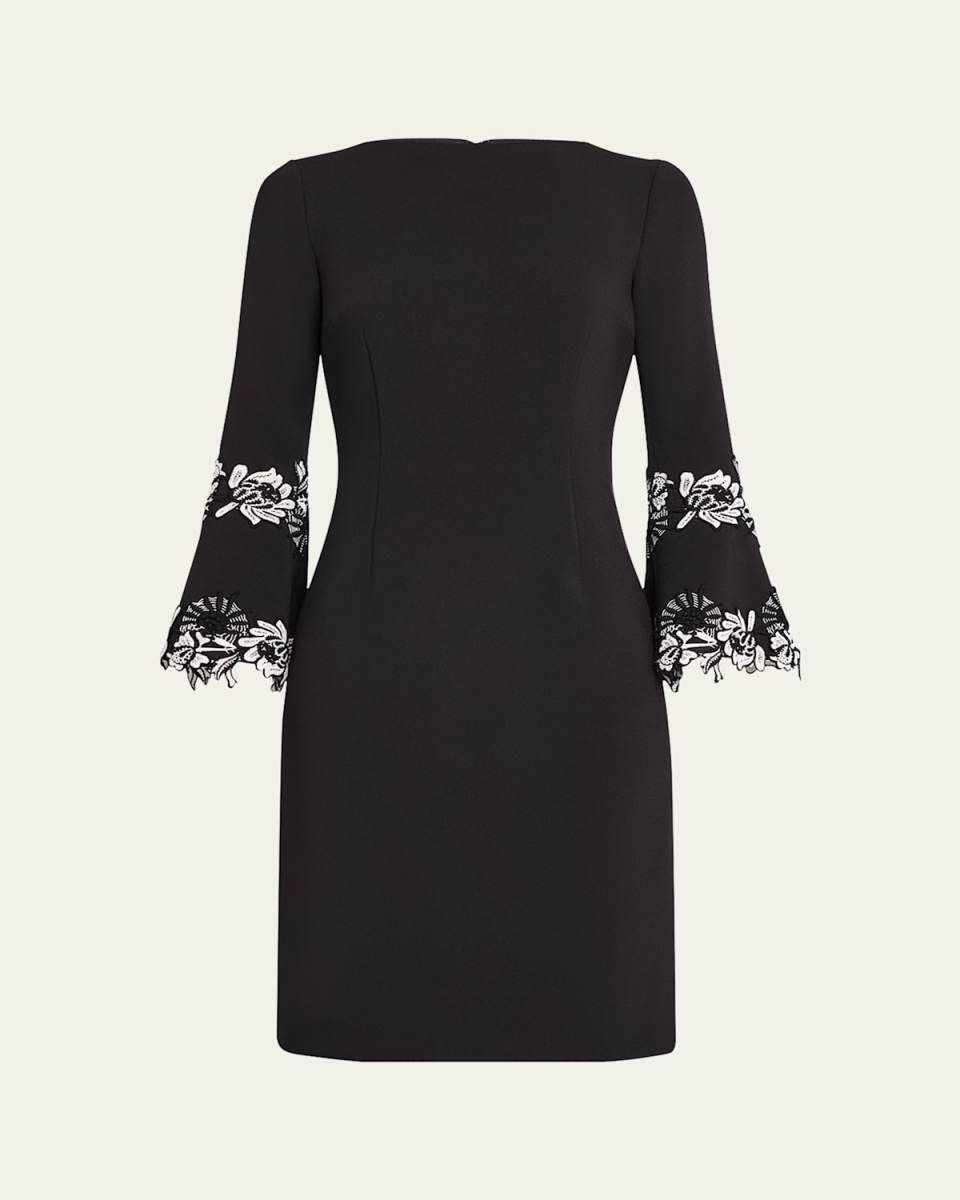 Bell-Sleeve Floral Applique Crepe Dress